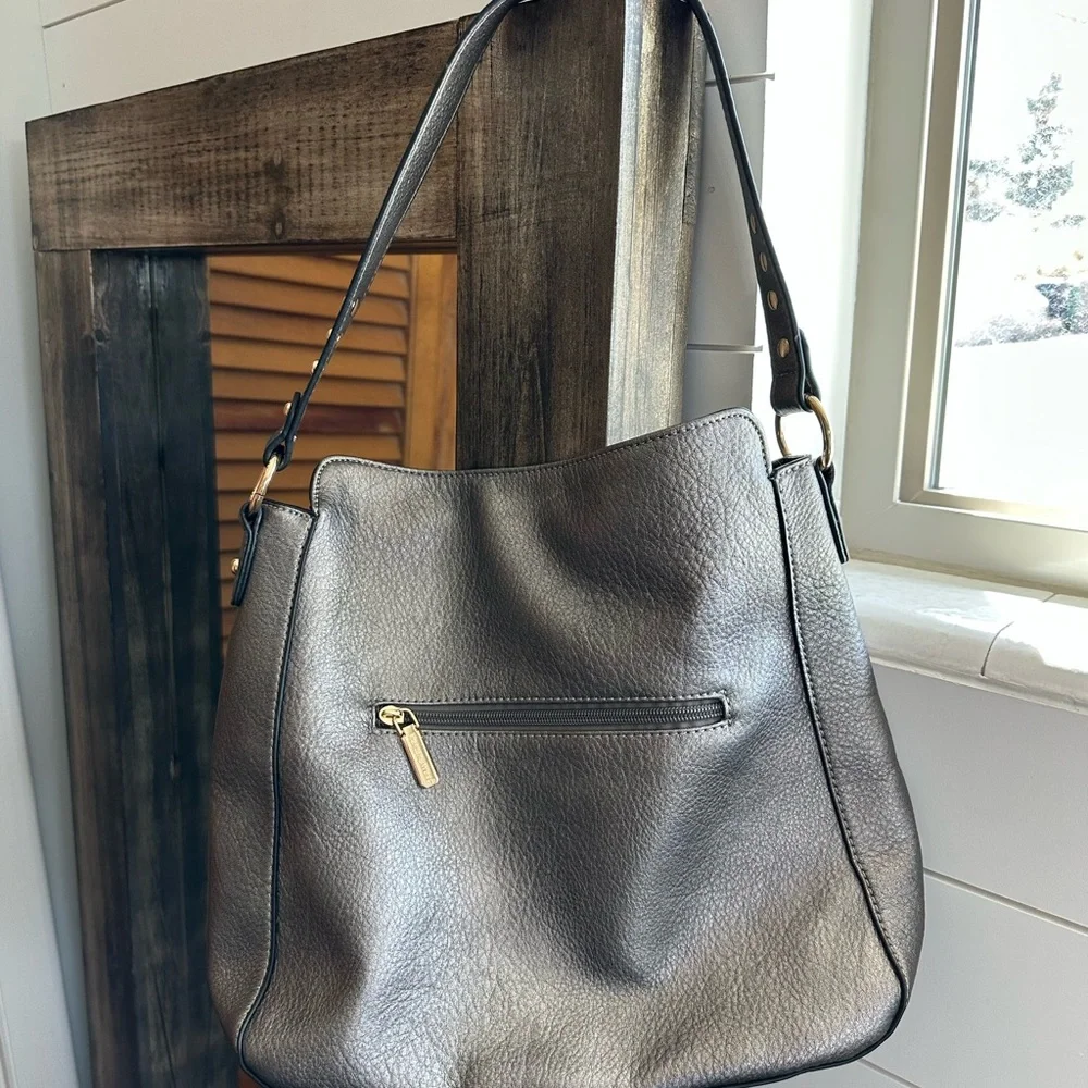 Montana West Studded Shoulder Bag Gray Metallic Faux Leather Western Style Purse